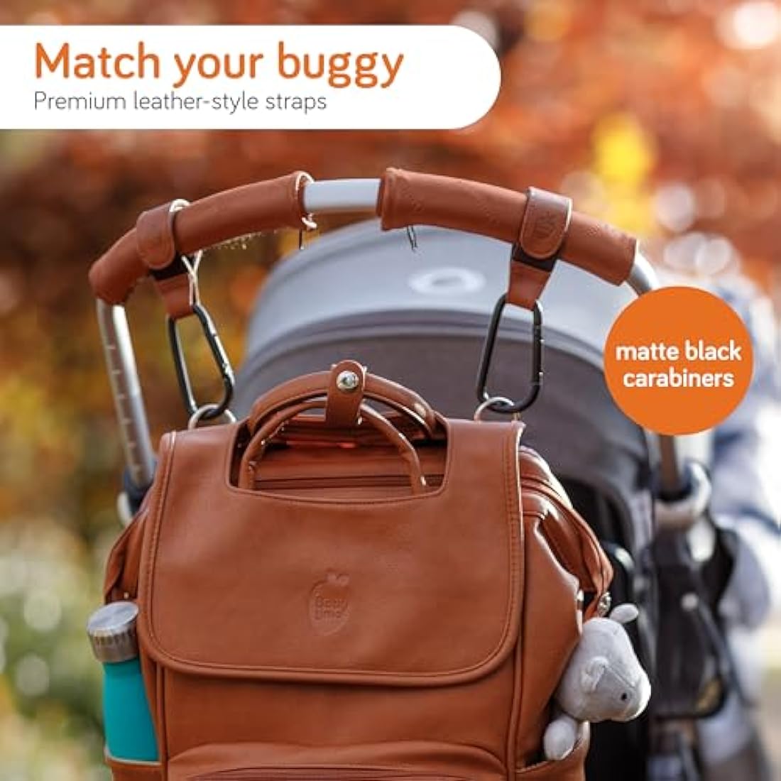 Baby Uma Faux Leather Buggy Clips – Universal Pram Hooks (2 Pack) Camel