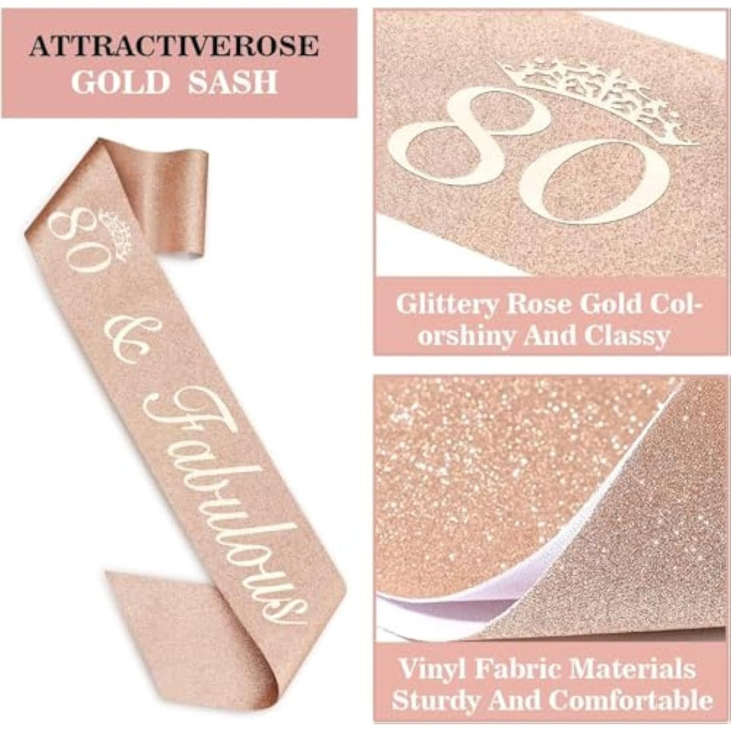 Amosking 80th Birthday Decorations for Women | Rose Gold Tiara and Sash Set