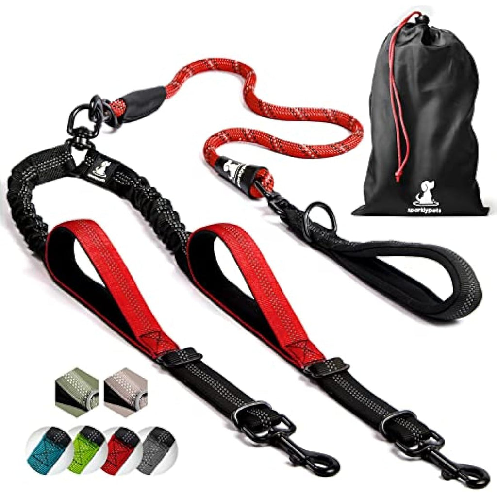 SparklyPets Double Dog Leash – Tangle-Free Bungee Dual Lead, Red