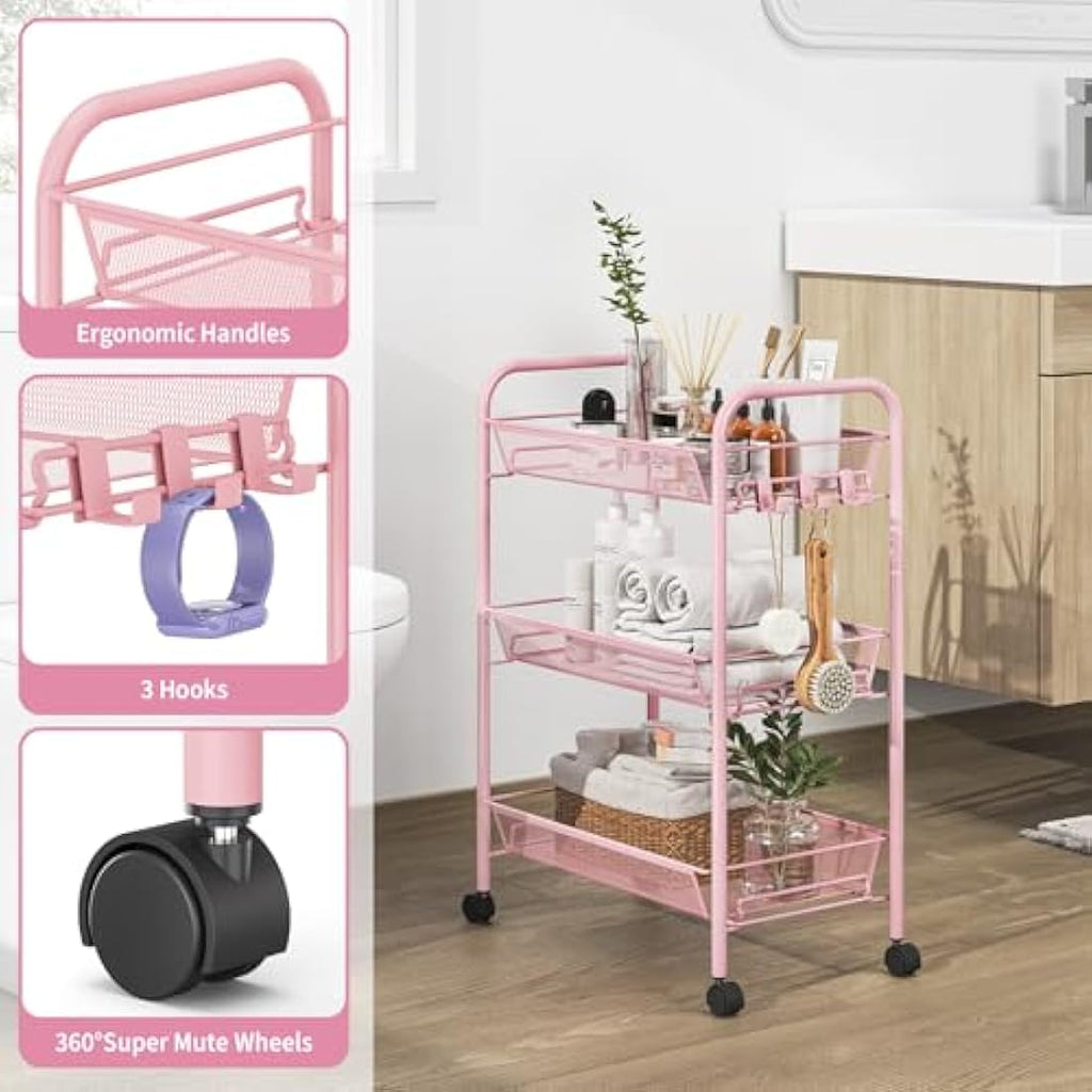 APEXCHASER 3-Tier Rolling Utility Cart | Metal Storage Trolley - Pink