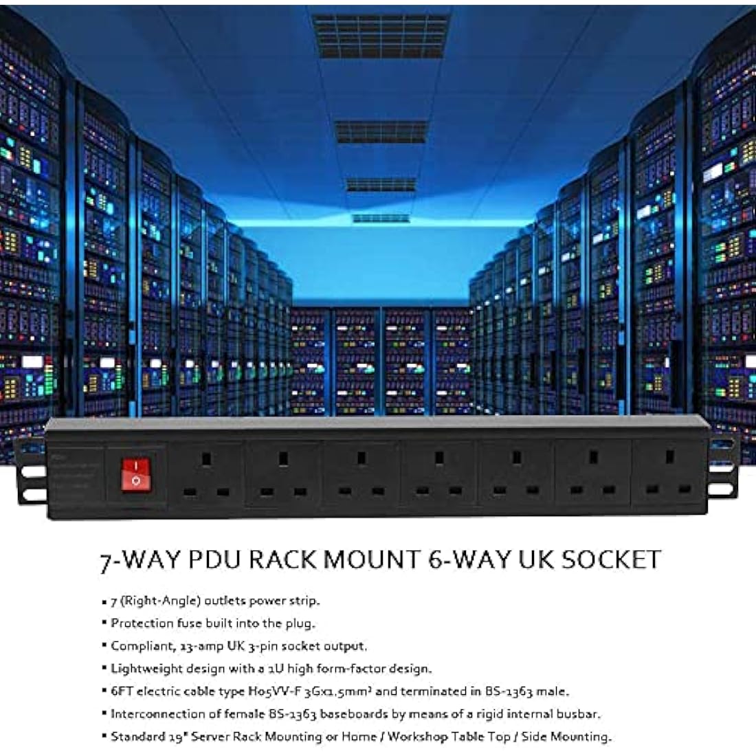 THOWALL 7-Way Rack Mount Power Strip – 1.8m Surge Protected Extension Lead