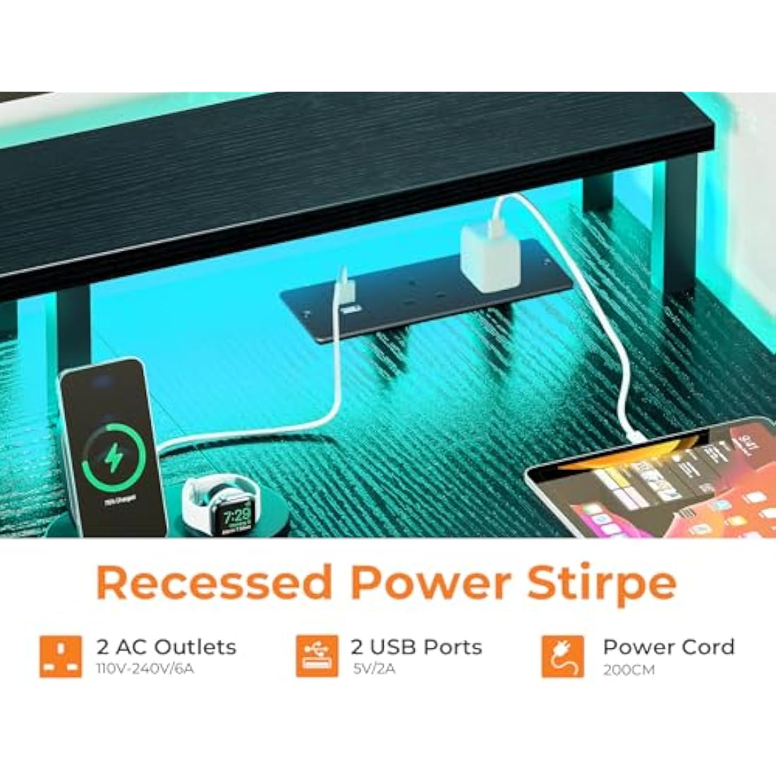 ODK L-Shaped Gaming Desk with LED Lights, Power Outlets & Drawers - Black