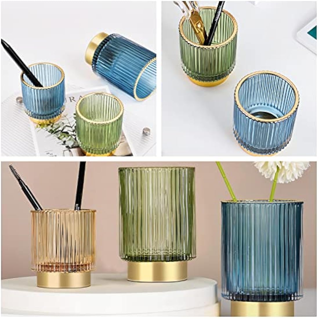 DASITON Glass Makeup Brush Holder – Vintage Striped Cosmetic Organizer, Blue