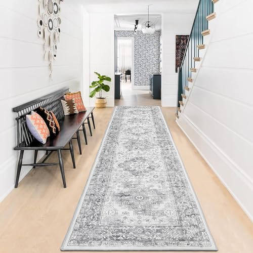 Enyhom Grey Runner Rug | 60x240cm Non-Slip Washable Moroccan Carpet