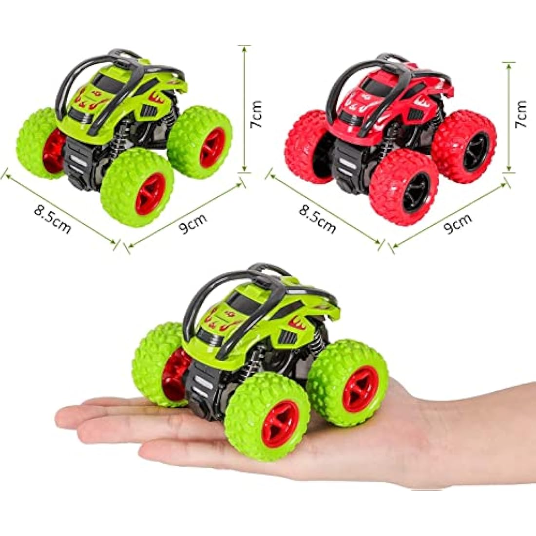 m zimoon Monster Trucks – 2 Pack Pull Back Stunt Cars for Kids, Green & Red