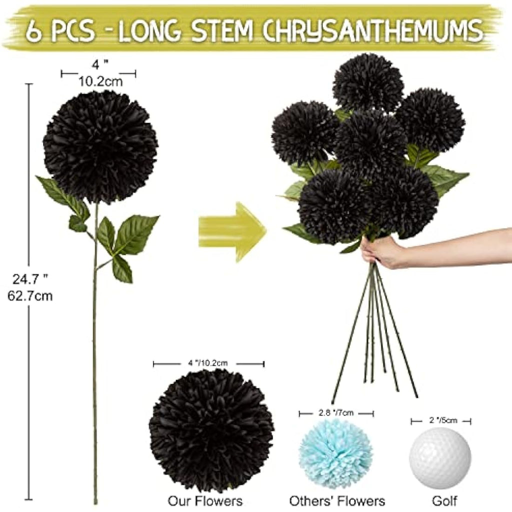Black Artificial Chrysanthemum Silk Flowers – 6 Pcs