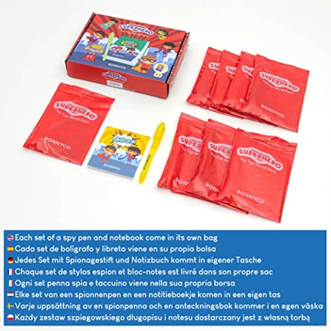 BONNYCO Superhero Invisible Ink Pen and Notebook Set - 8 Pack Party Fillers