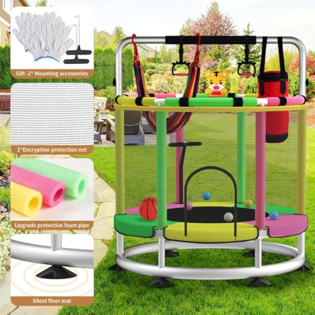 Kids Trampoline with Adjustable Gym Bar and Safety Net