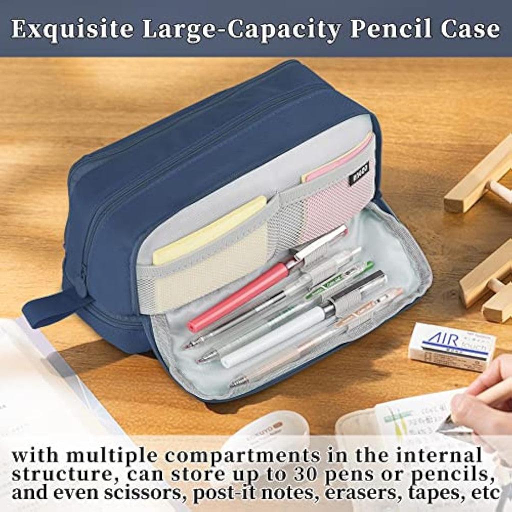 Tesmien Large Pencil Case | 4-Compartment Canvas Stationery Bag - Dark Blue