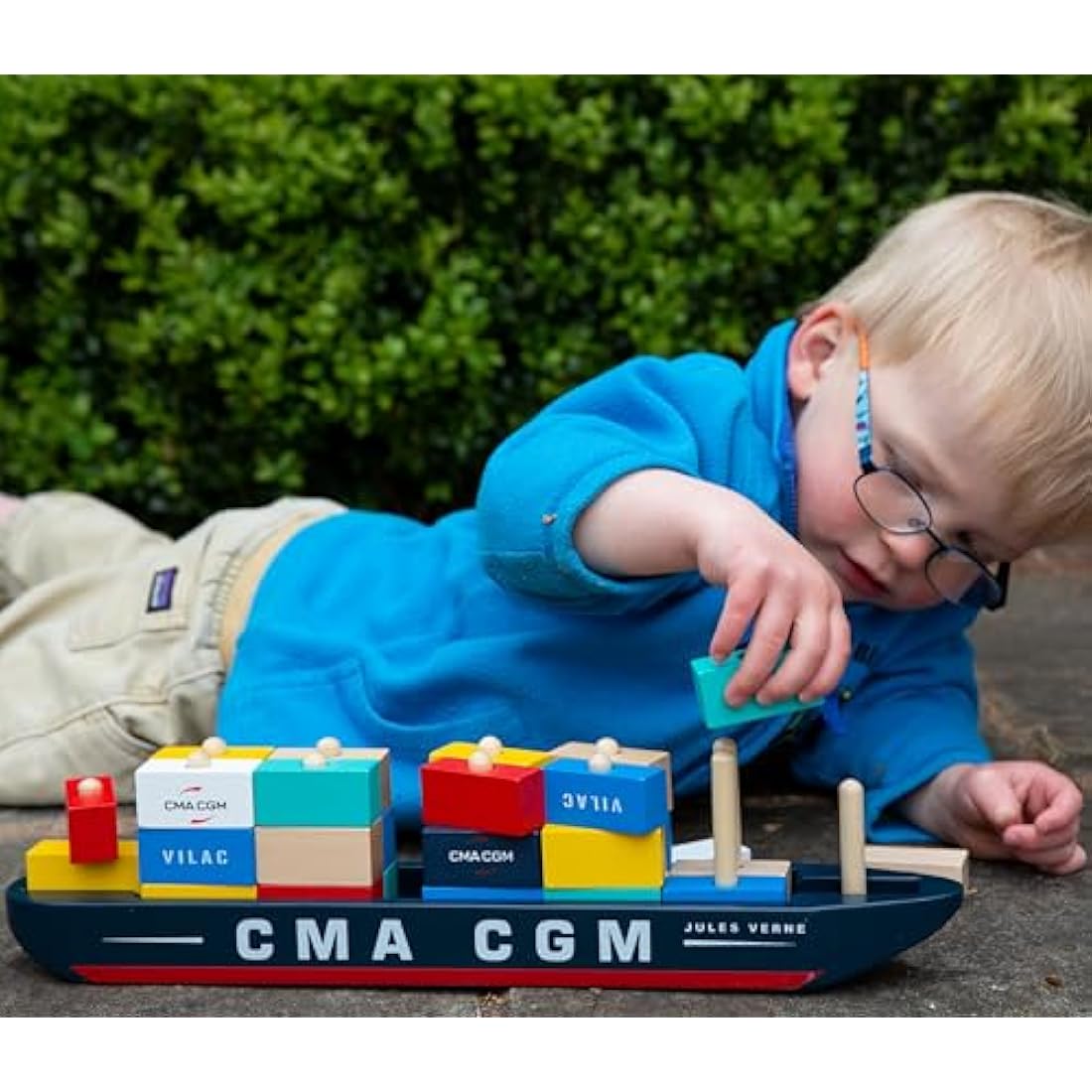 Vilac Wooden Jules Verne Container Ship – Stacking Toy for Kids