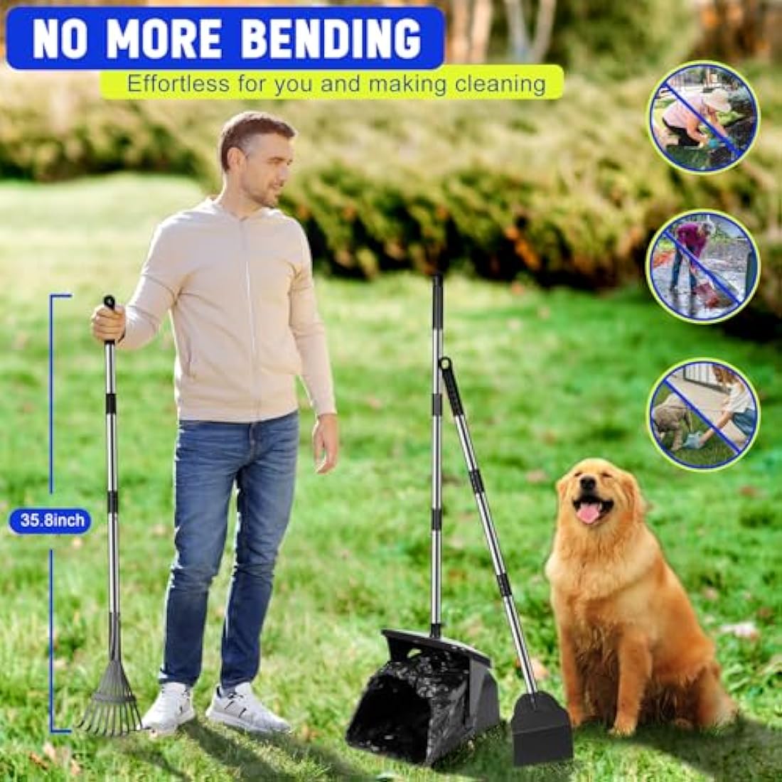 Dog Poop Scooper – Long Handle Swivel Bin, Rake & Spade Set