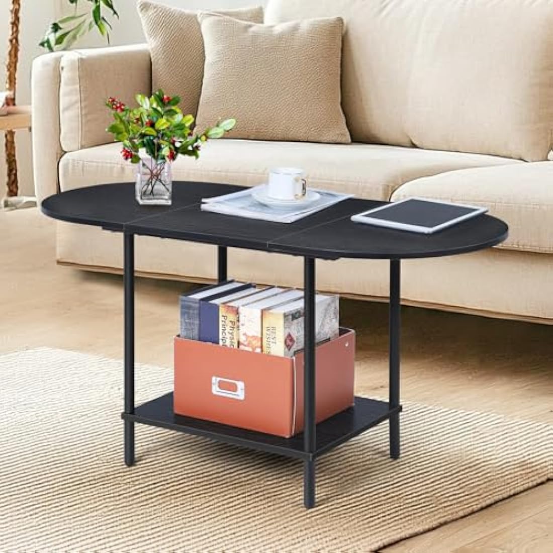 Oval Coffee Table – 2-Tier Modern Black Wood Center Table