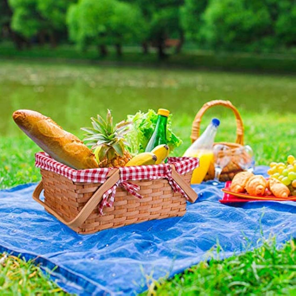 Bekith Woven Picnic Basket with Double Handles and Pink Gingham Liner