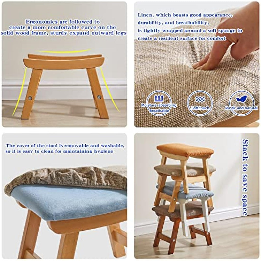 Jolof Store Wooden Footstool – Padded Beech Wood Ottoman with Beige Cover