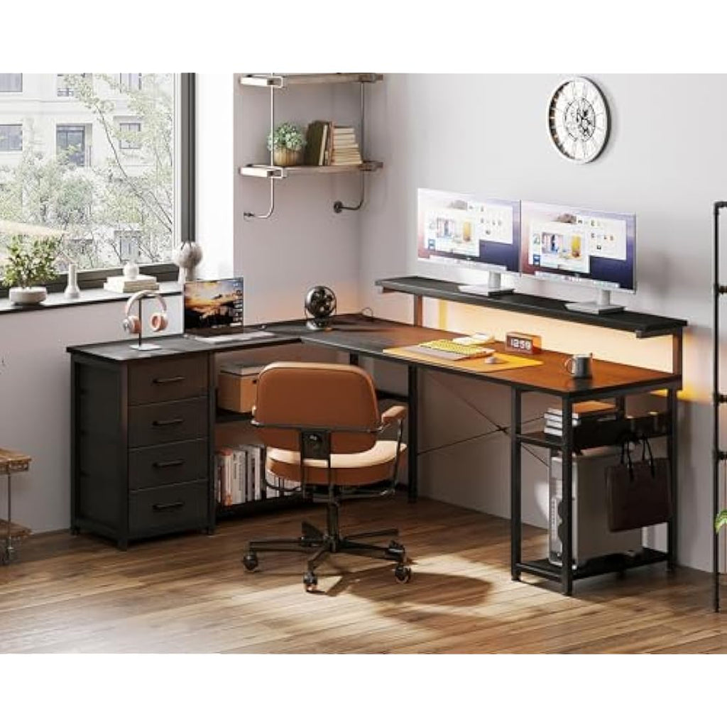 ODK L-Shaped Gaming Desk with LED Lights, Power Outlets & Drawers - Black