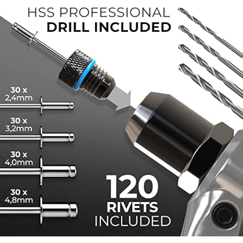 KLRStec Professional Rivet Gun Kit - Heavy Duty Hand Riveter with 120 Rivets