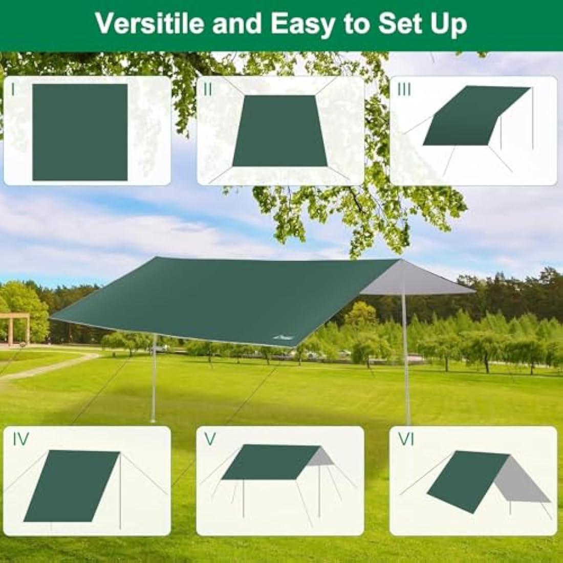 WADEO 3x3m Camping Tent Tarp | Waterproof UV Sunshade Hammock Rain Fly