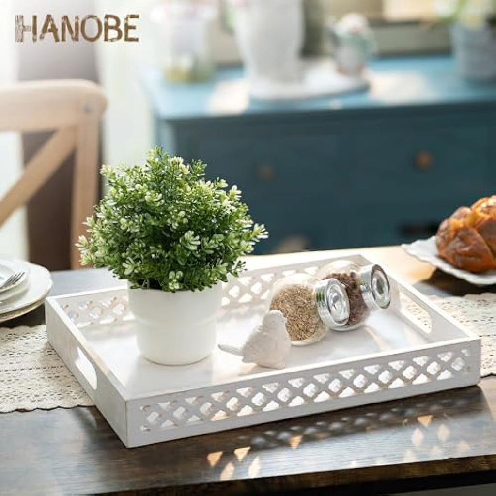 Hanobe Hand-Carved Wooden Serving Tray | Large White Farmhouse Centerpiece