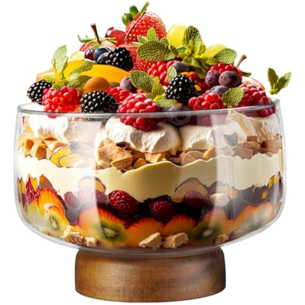 NiHome 123oz Large Glass Trifle Bowl with Elegant Acacia Wood Stand