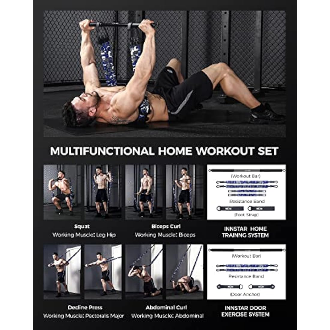 INNSTAR Portable Home Gym Set | Resistance Band Bench Press Kit