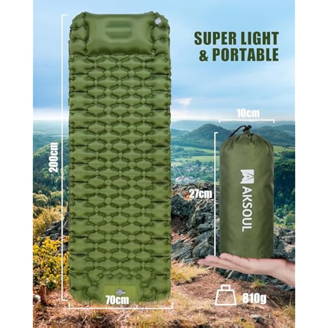 AKSOUL Self Inflating Sleeping Mat – 10cm Thick Ultralight Camping Mattress