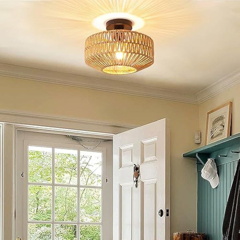Schindora Boho Rattan Ceiling Light – Vintage Braided Basket Chandelier
