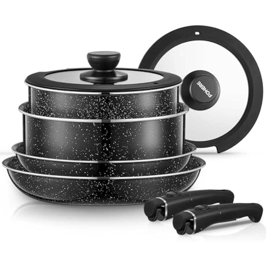 FOHERE 8-Piece Nonstick Cookware Set | Detachable Handles | Induction Ready