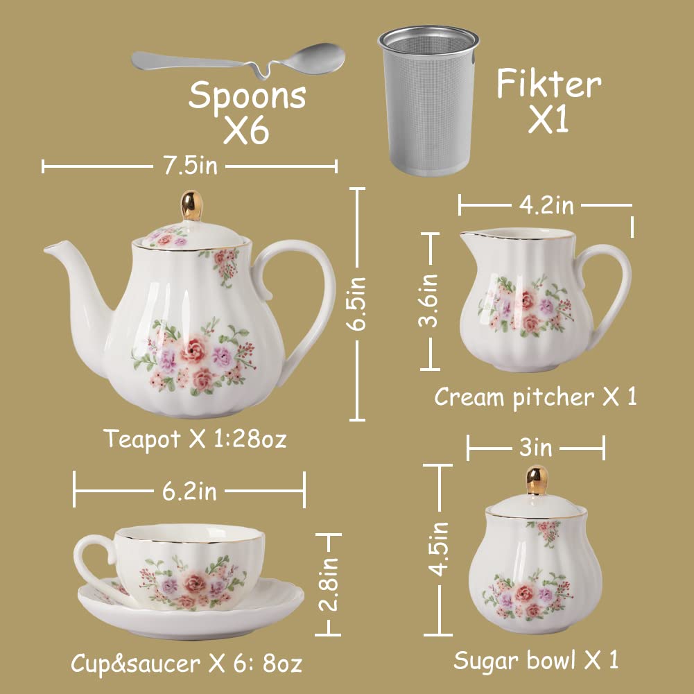 Sweejar Home Porcelain Tea Set - 21-Piece Rose Flower Ceramic Teaware