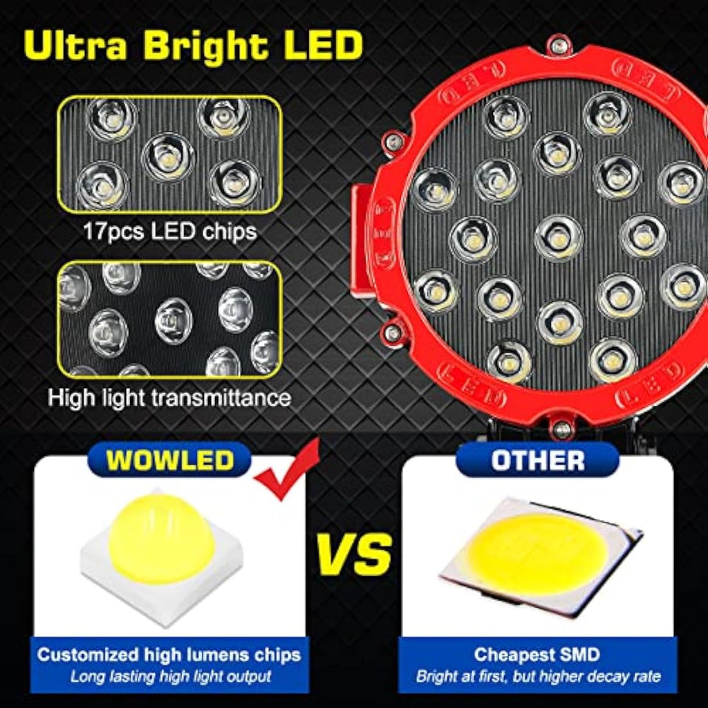 WOWLED 7" Round LED Work Lights – 51W Red Spot Driving Lamps (2 Pcs)
