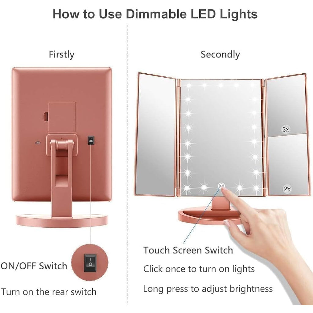 WEILY Tri-fold LED Makeup Mirror | 2X/3X Magnification - Rose Gold