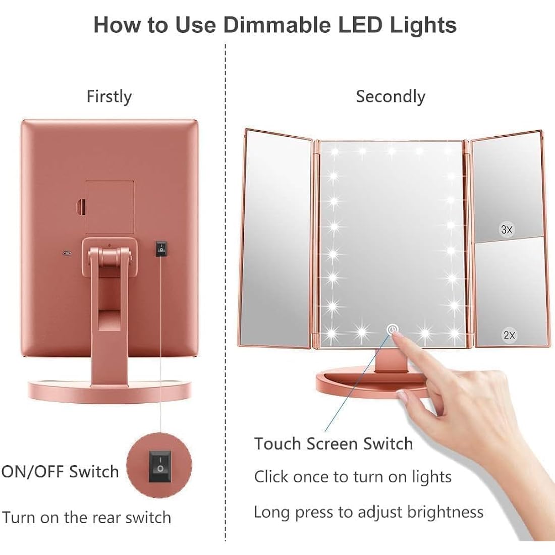 WEILY Tri-fold LED Makeup Mirror | 2X/3X Magnification - Rose Gold