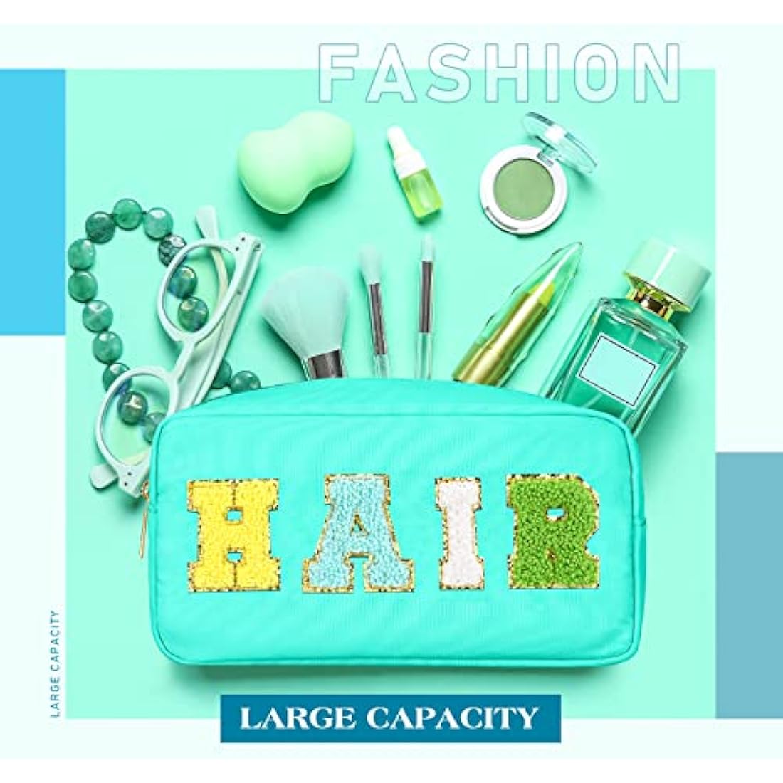 Jolof Store 4-Piece Preppy Nylon Makeup Bag Set with Chenille Letter Patches