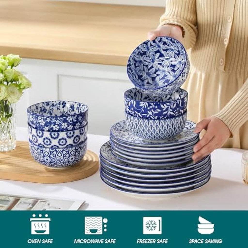 vancasso Selene 18-Piece Blue Floral Porcelain Dinner Set for 6