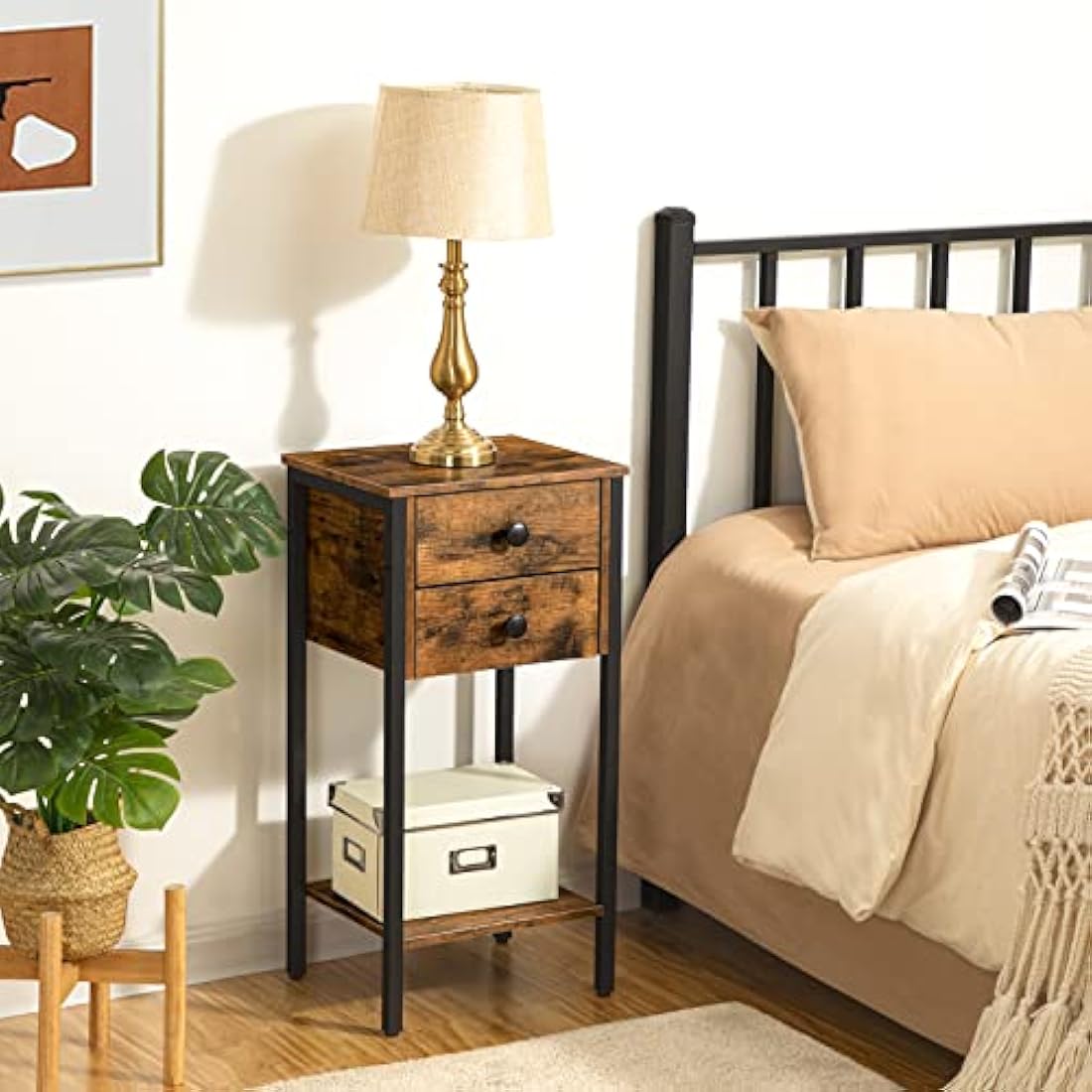 HOOBRO Tall Slim Bedside Table | 2-Drawer Industrial Side Table - Rustic Brown