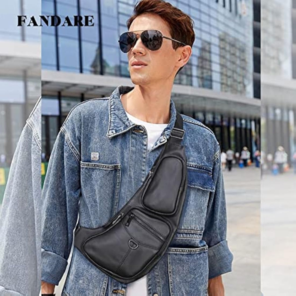 FANDARE Genuine Leather Sling Bag – Waterproof Crossbody Chest Pack, Black