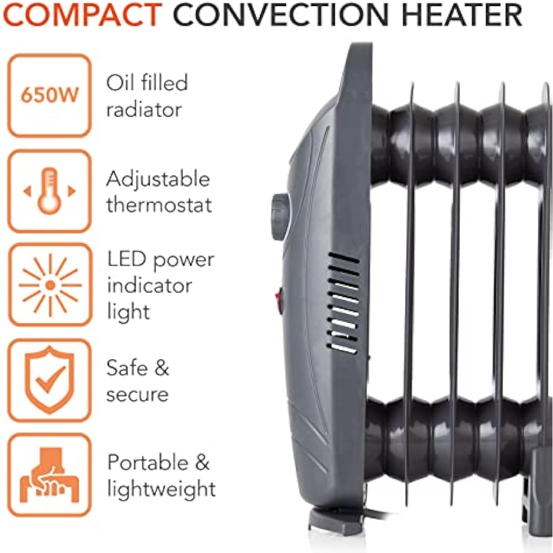 Warmlite 650W 5 Fin Oil Filled Radiator – Dark Titanium Electric Heater
