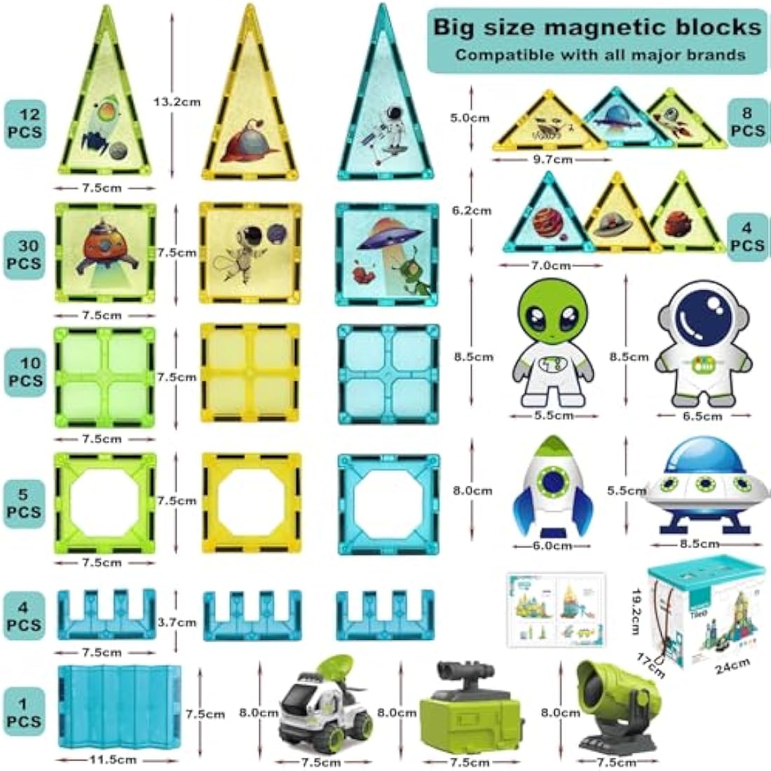 BUBUQE Space Adventure Magnetic Tiles Building Set with Storage Box