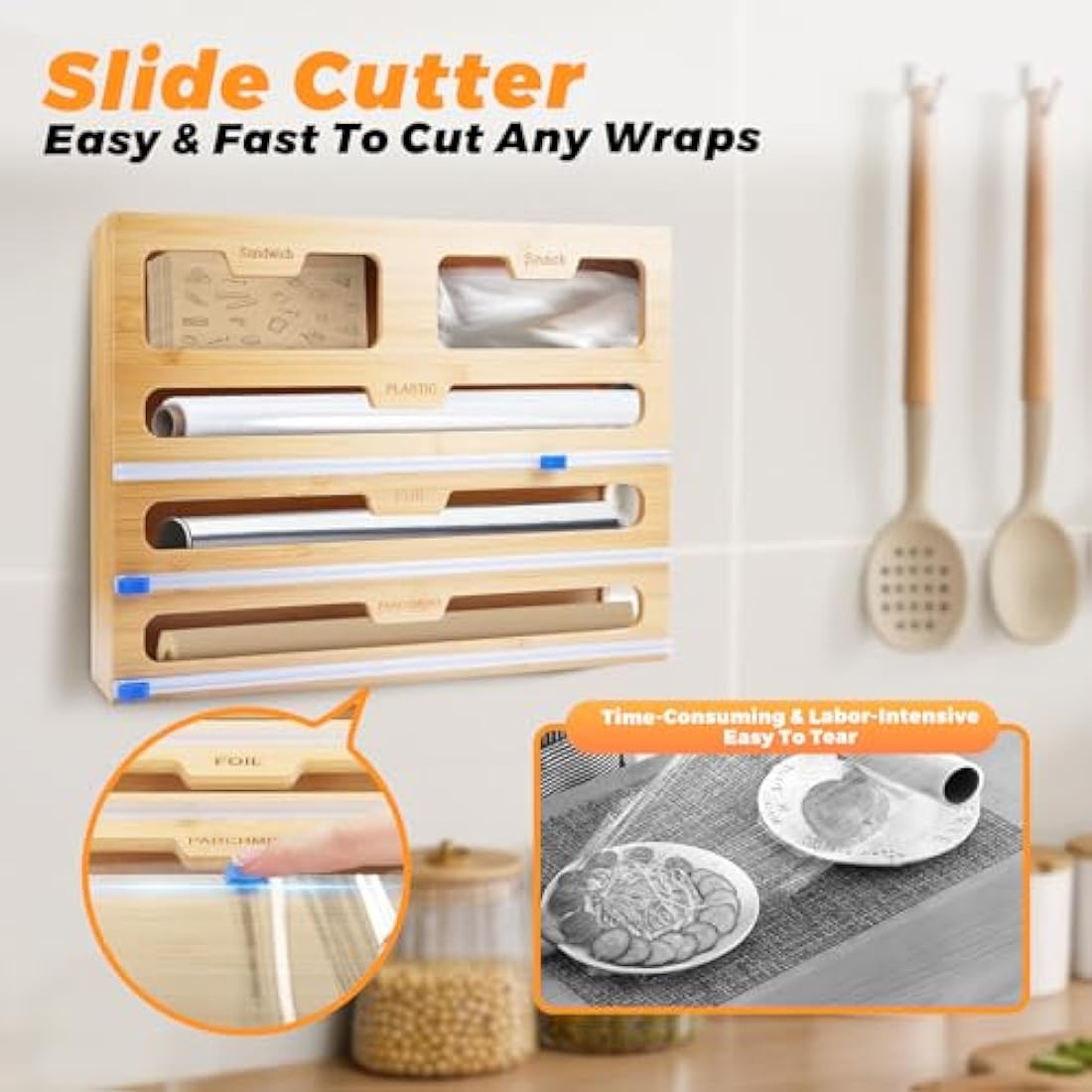 Jolof Store 5-in-1 Bamboo Foil Dispenser with Cutter | Kitchen Organizer