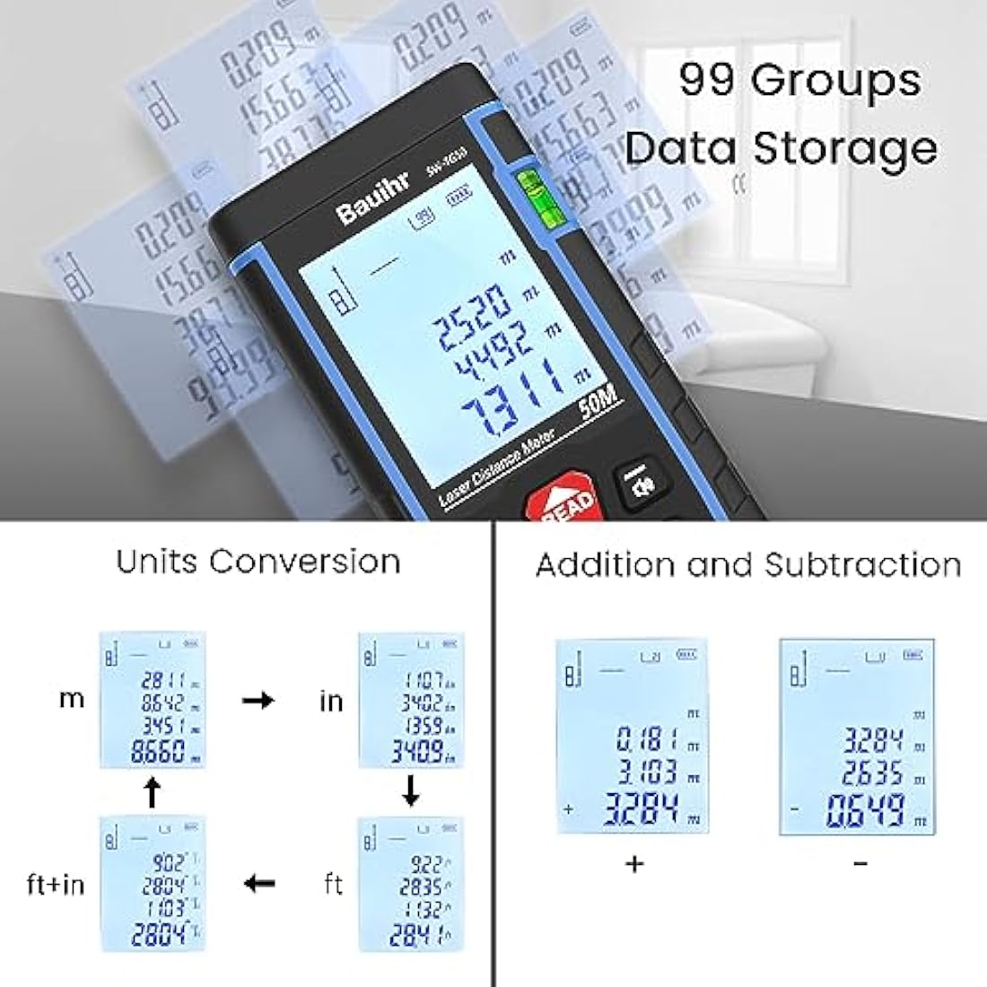 Bauihr Laser Measure Device | 165ft Distance Meter with 2 Bubble Levels