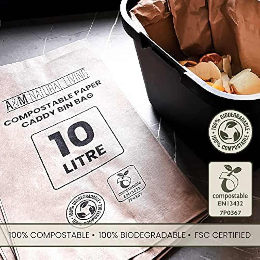 A&M Natural Living 10L Paper Food Waste Caddy Liners - 150 Compostable Bags