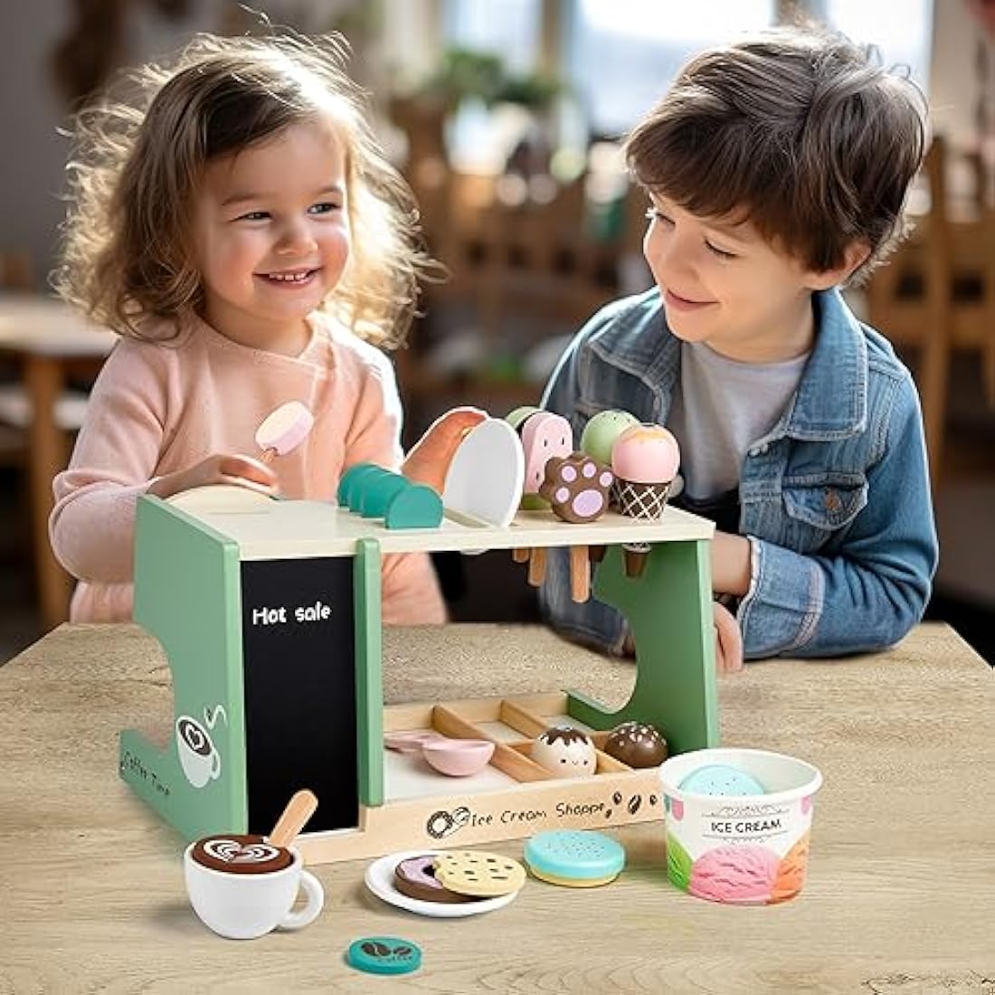 Medoga Wooden Ice Cream Counter & Coffee Maker Toy - 28 Piece Kitchen Set