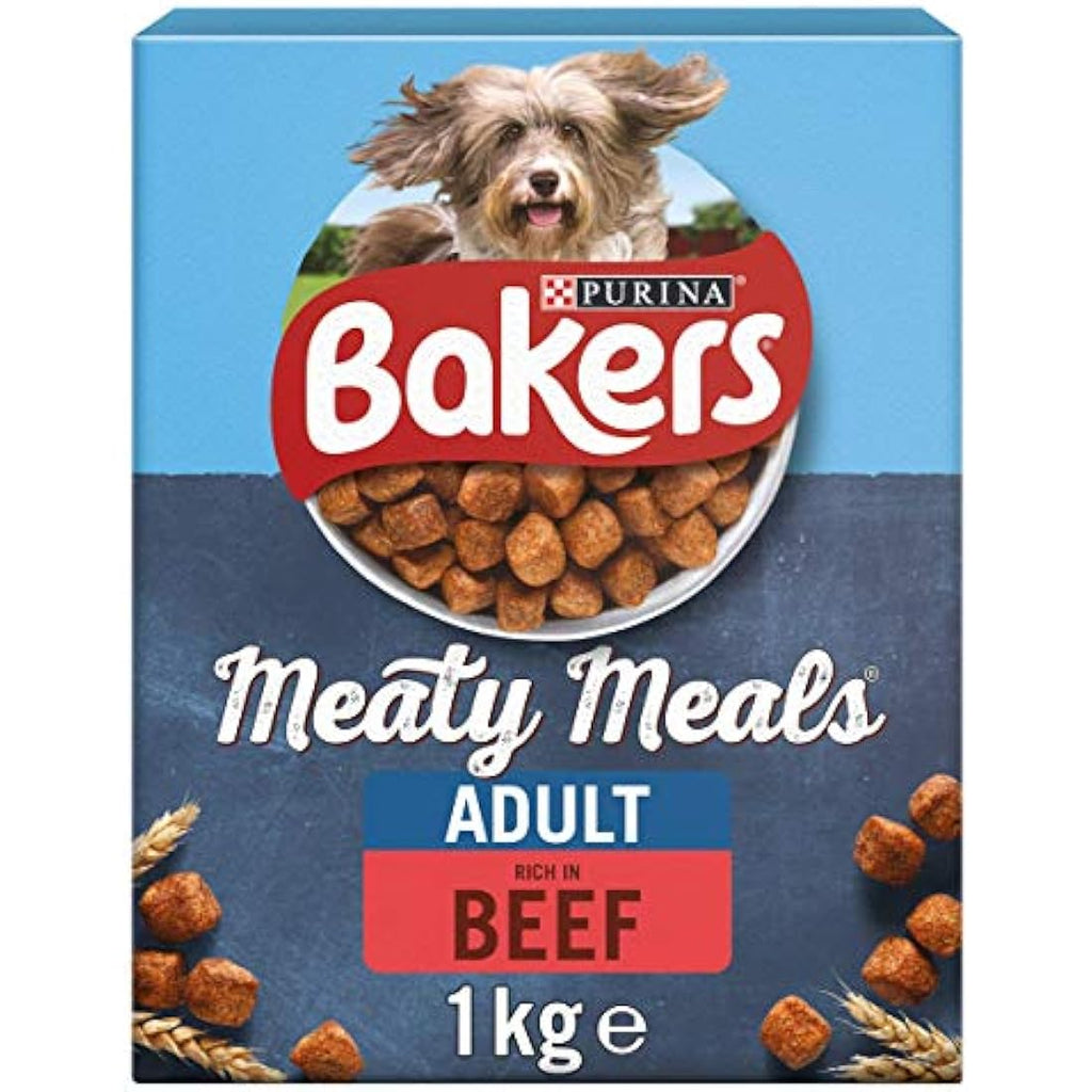 Bakers Meaty Meals Beef Dry Dog Food - 1kg Adult Kibble (Pack of 4)