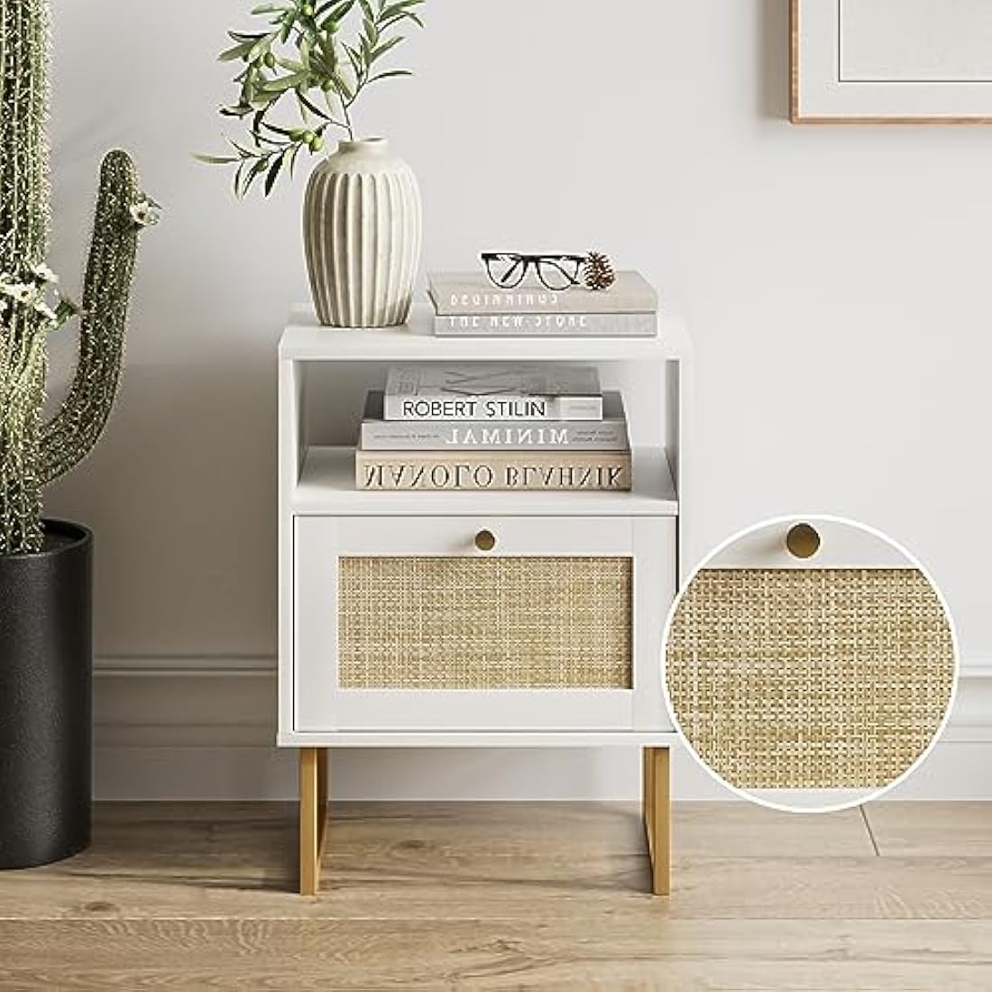 HEYZOEY Rattan Bedside Table – White & Gold Boho Nightstand with Drawer