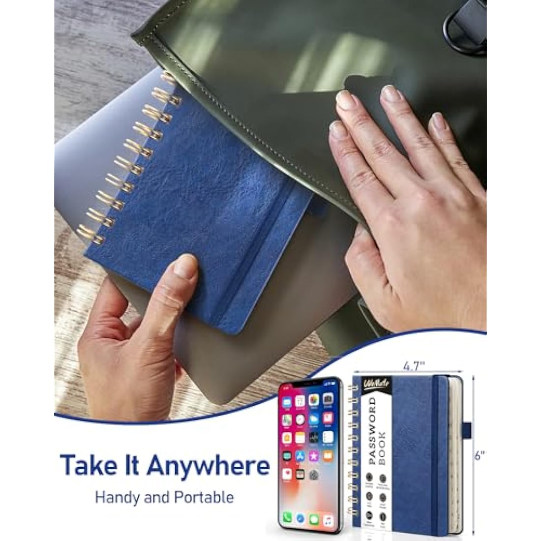 WEMATE Spiral Password Book with Alphabetical Tabs - Navy Blue Journal