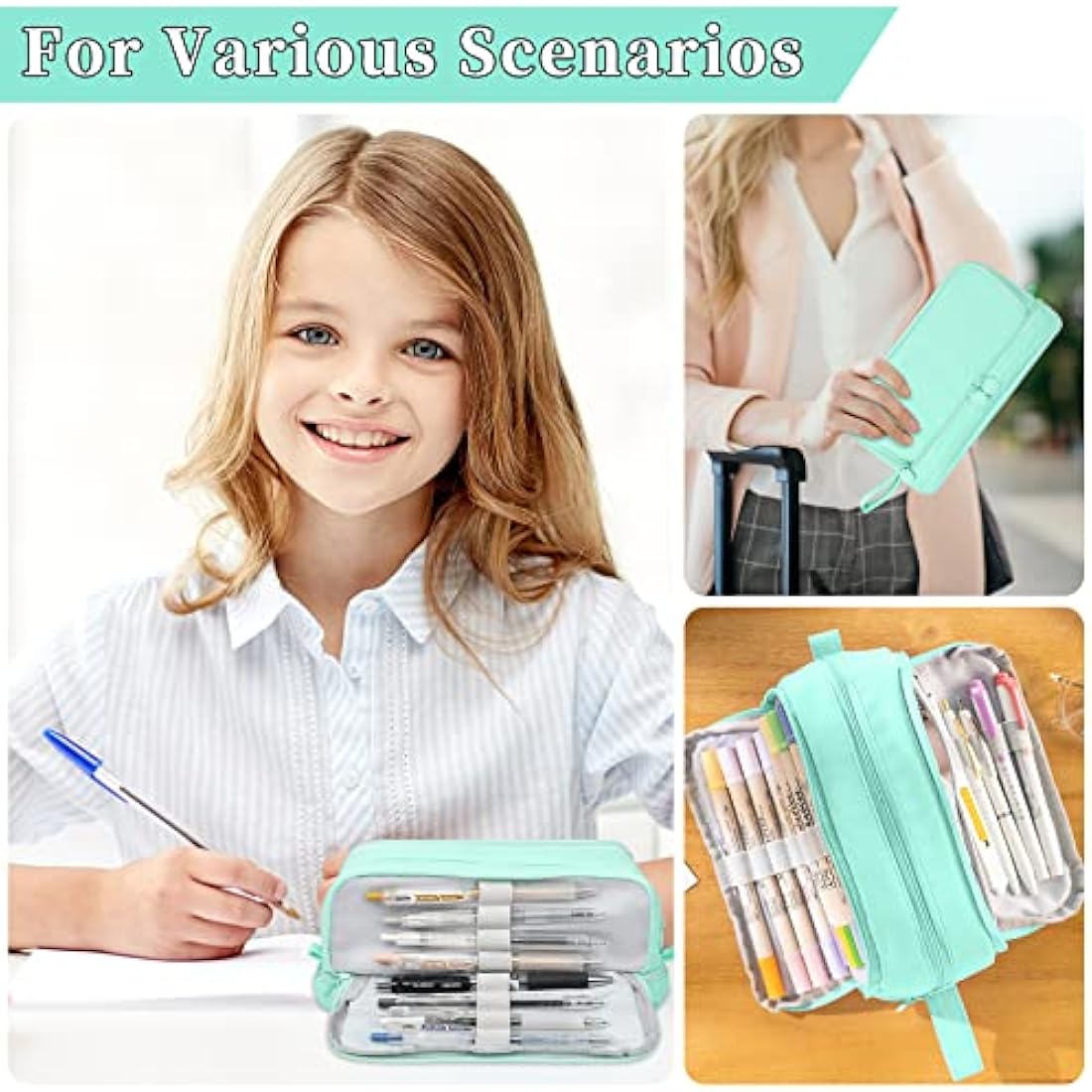Tesmien Large Pencil Case | 4-Compartment Canvas Stationery Bag, Green
