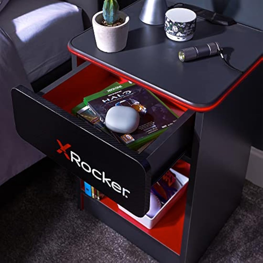 X-Rocker Carbon-Tek Gaming Bedside Table with RGB & Wireless Charging