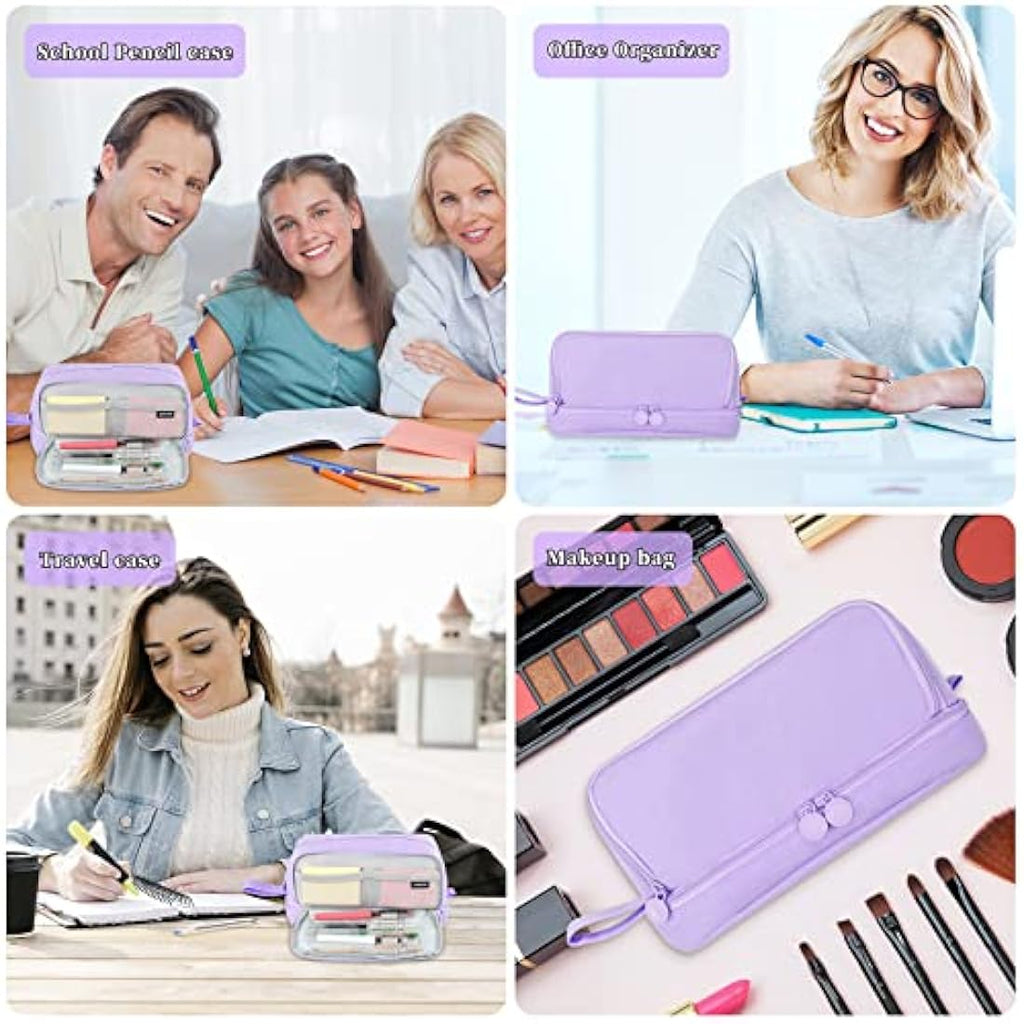 Tesmien Large Pencil Case | 4-Compartment Canvas Stationery Bag - Purple
