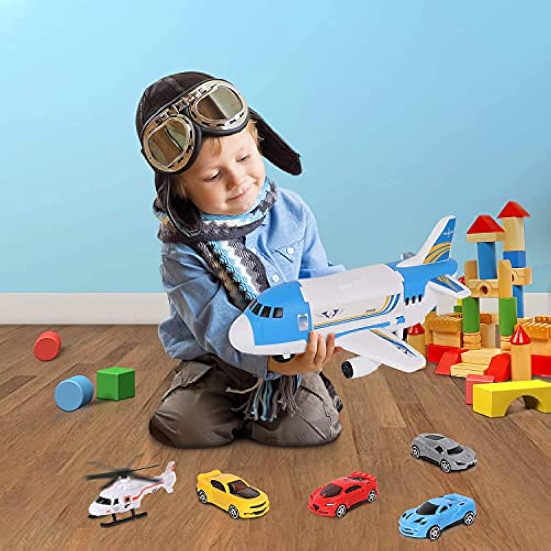 Transport Cargo Airplane Toy Set with 4 Cars and Helicopter