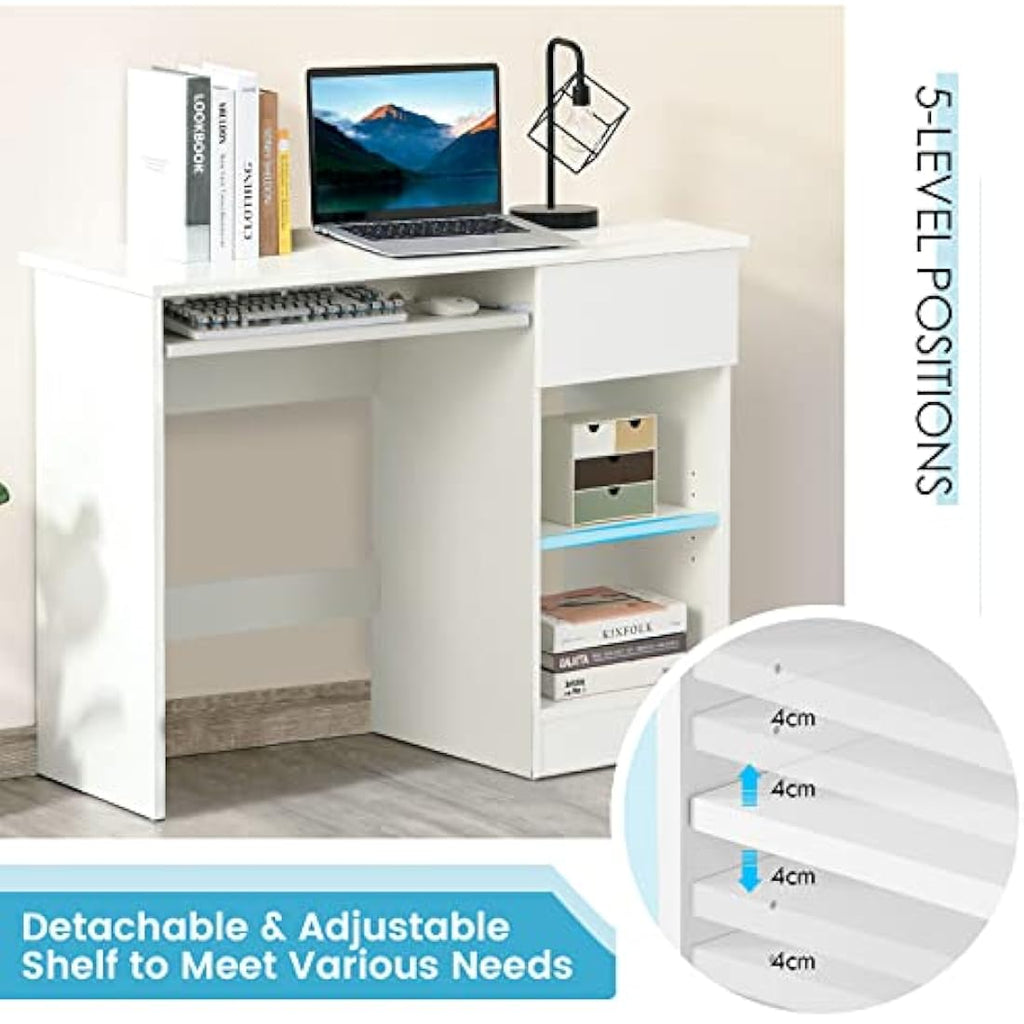 Computer Desk with Keyboard Tray and Drawer - White