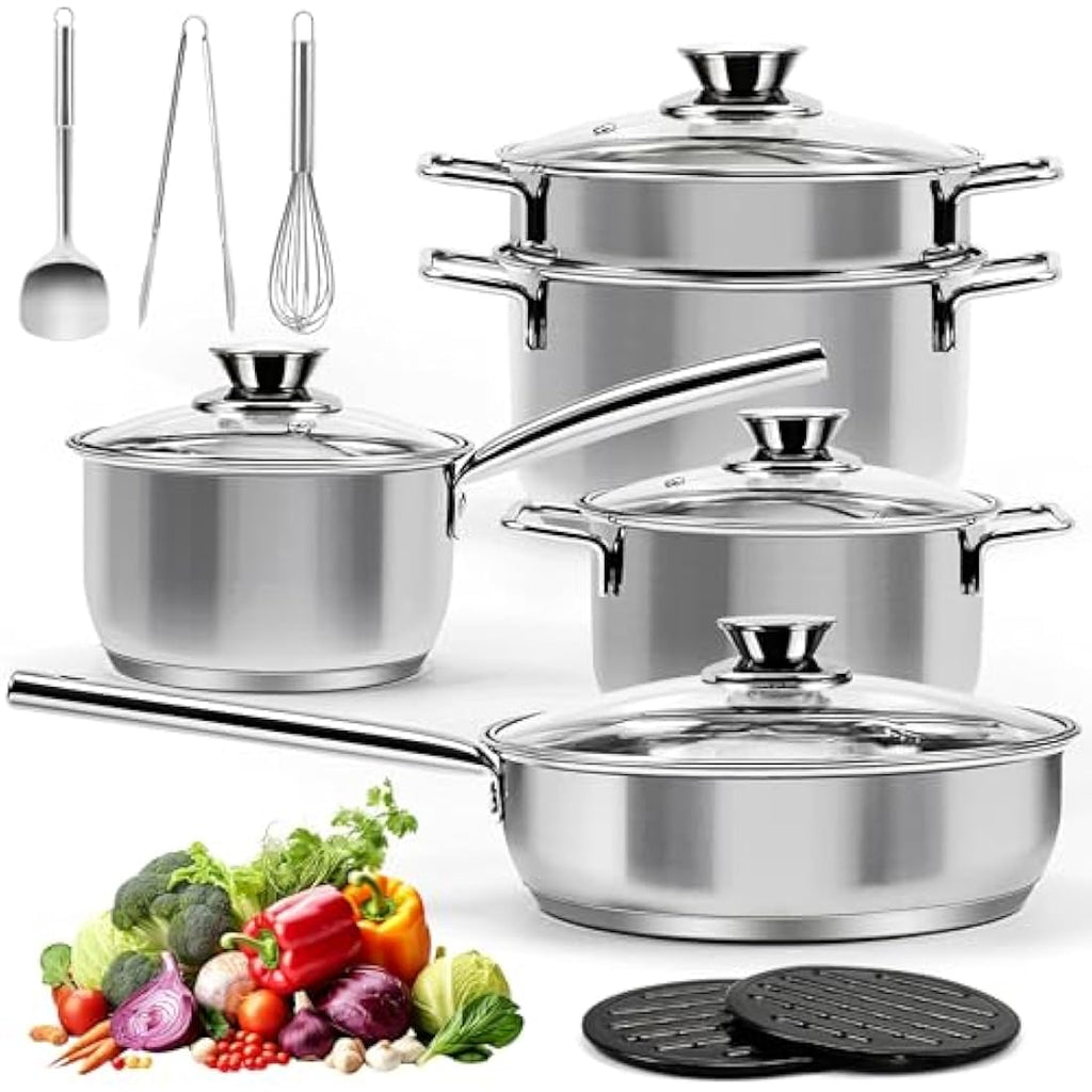 HUIKAILI 14-Piece Stainless Steel Cookware Set | Induction & Oven Safe